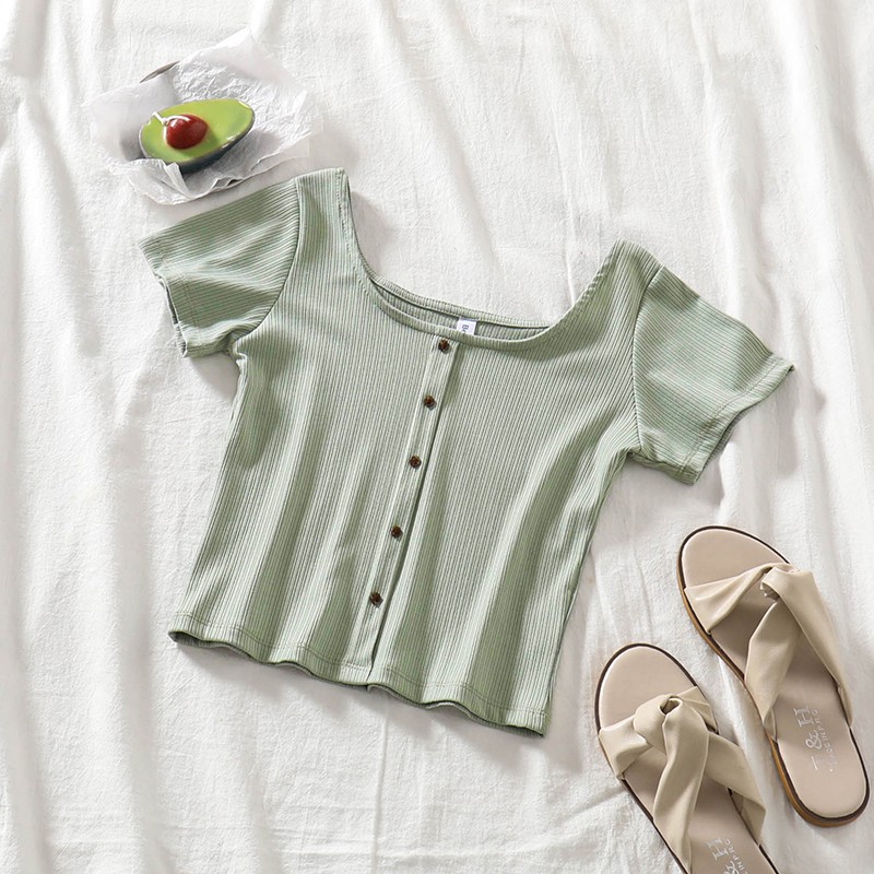 NUZIRO  Áo thun  tay ngắn cổ vuông dáng ôm quyến rũ trẻ trung hợp thời trang