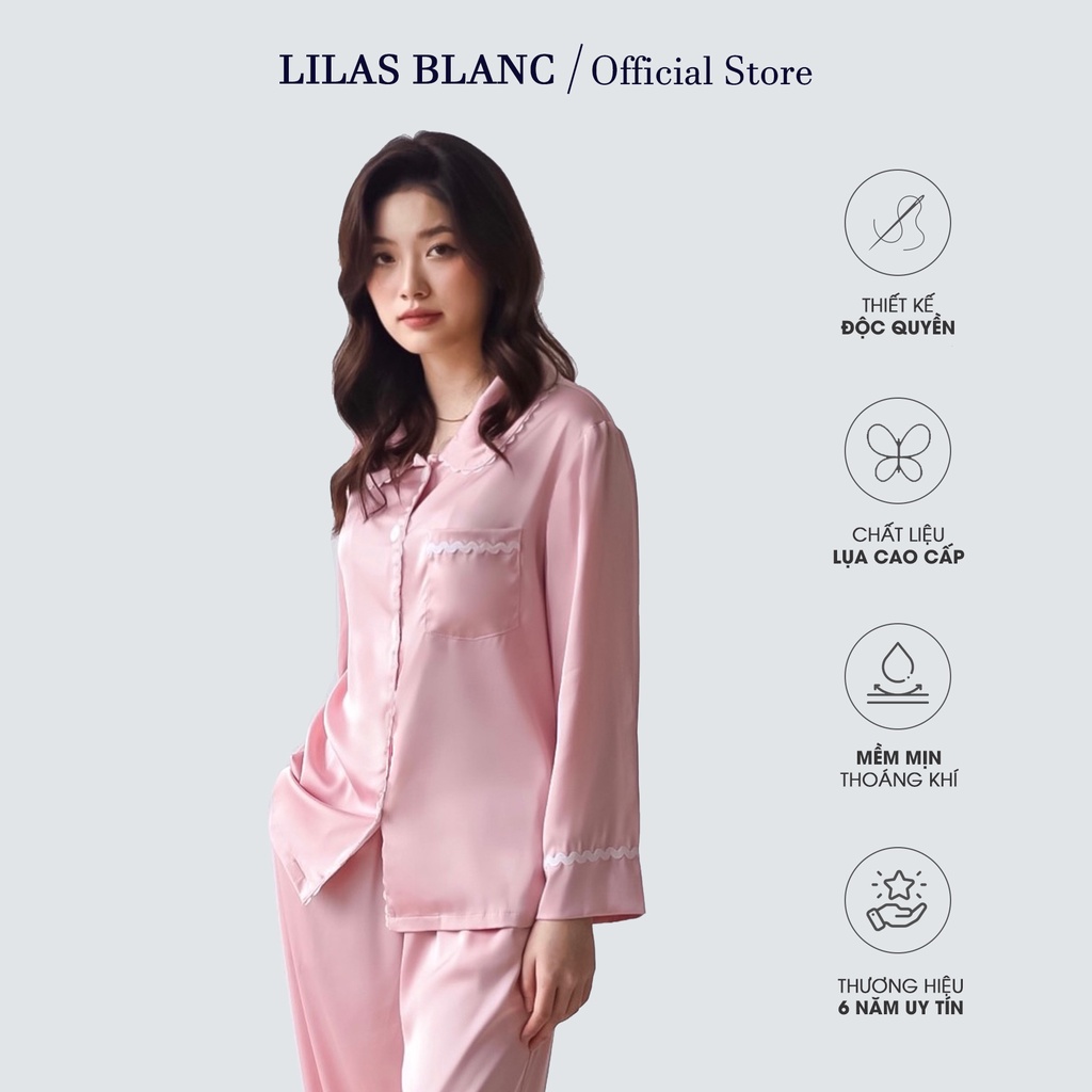 Đồ Bộ Pijama Nữ 𝐋𝐈𝐋𝐀𝐒 𝐁𝐋𝐀𝐍𝐂 Chất Liệu Lụa Cao Cấp Mềm Mại |  Kiểu Dáng Dài Tay, Quần Dài | Màu Hồng Baby