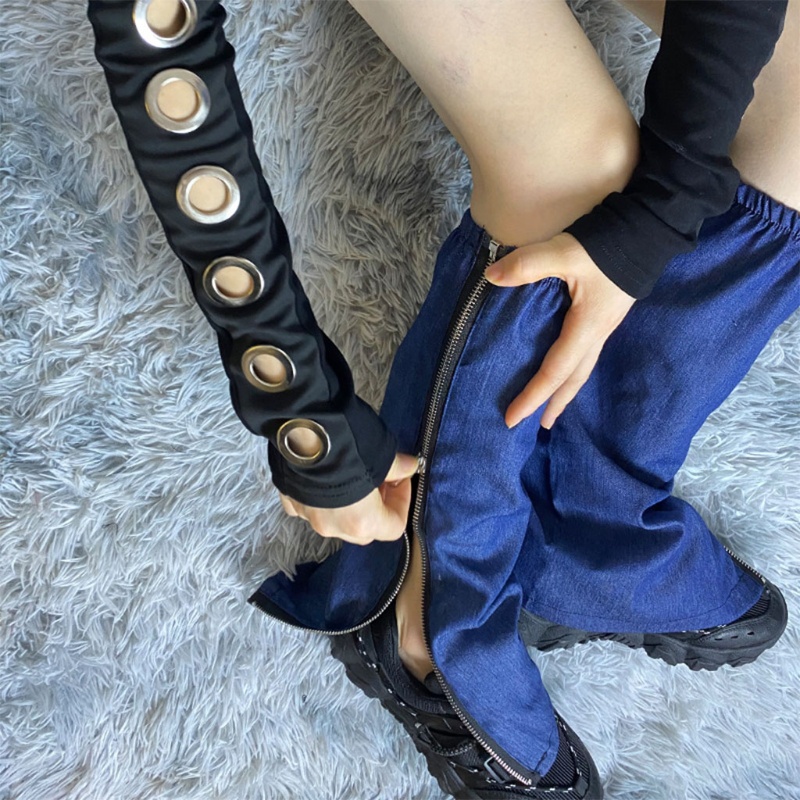 Youyo Vớ Denim Dài Ngang Bắp Chân Màu Xanh Dương Có Khóa Kéo Bên Phong Cách Harajuku Gothic Punk Nhật Bản Giữ Ấm Mùa Hè Cho Nữ Fo