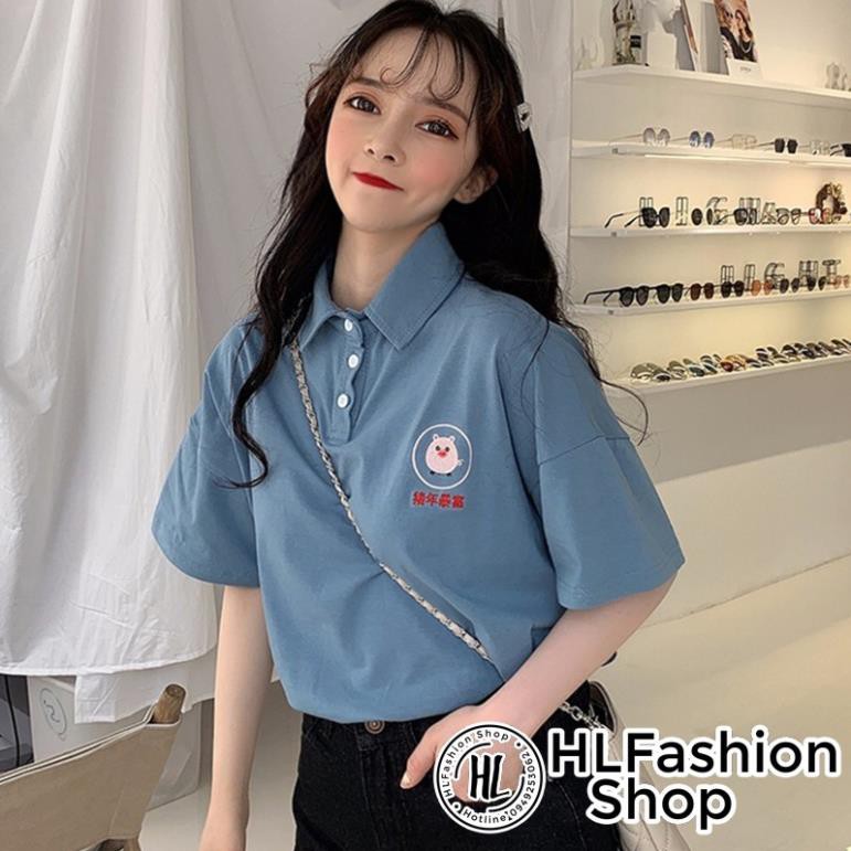 Áo thun tay lỡ unisex T-shirt cổ trụ thêu hình heo con cực xinh và đánh yêu - form rộng nam nữ bận được 💯