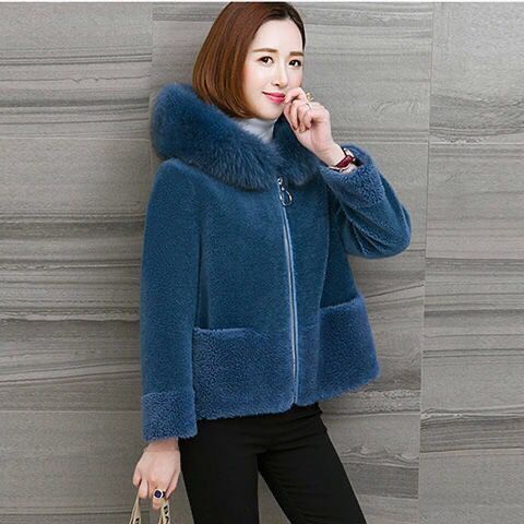 Áo khoác lông cừu có mũ trùm đầu phối lông phong cách Hàn Quốc thu đông cho nữ