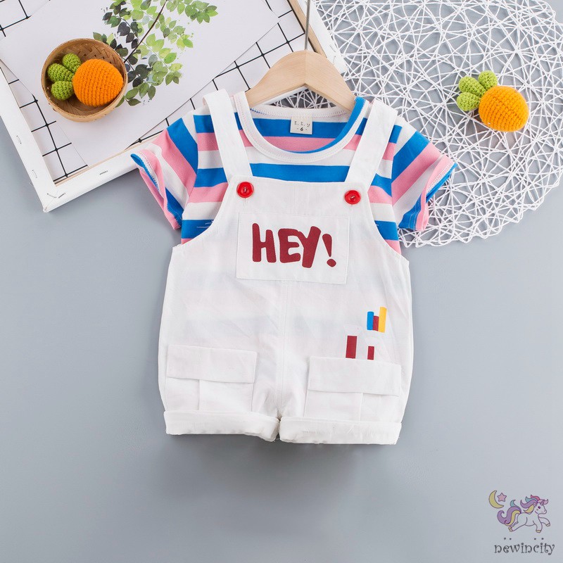 Set Áo Kẻ Sọc + Quần Yếm In Chữ Nhiều Màu Sắc Thời Trang Cho Bé