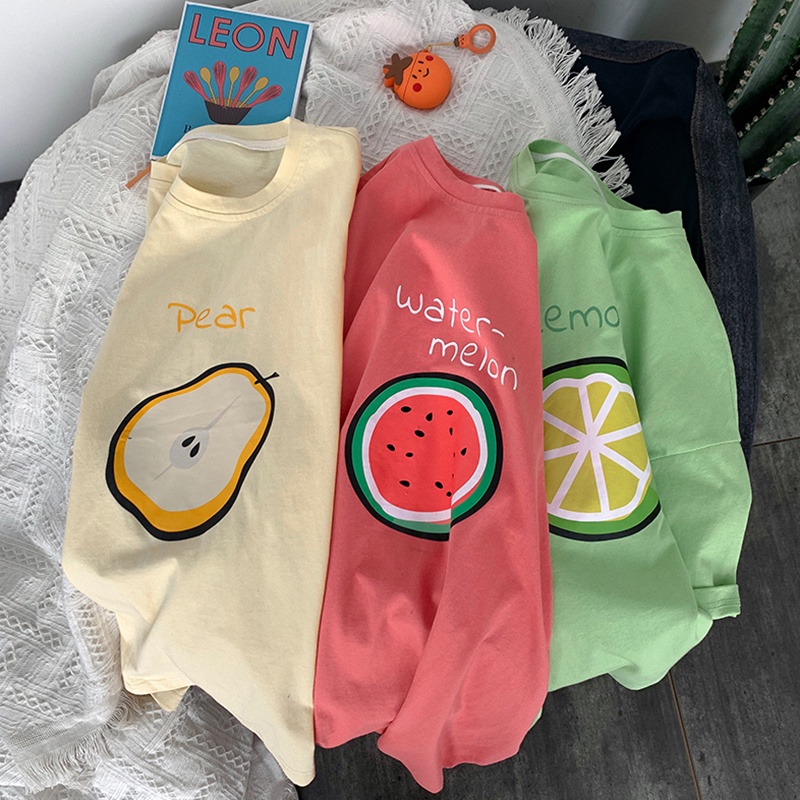 Áo thun tay lỡ nữ phông form rộng freesize dáng Unisex mặc cặp, nhóm, lớp in hình trái cây