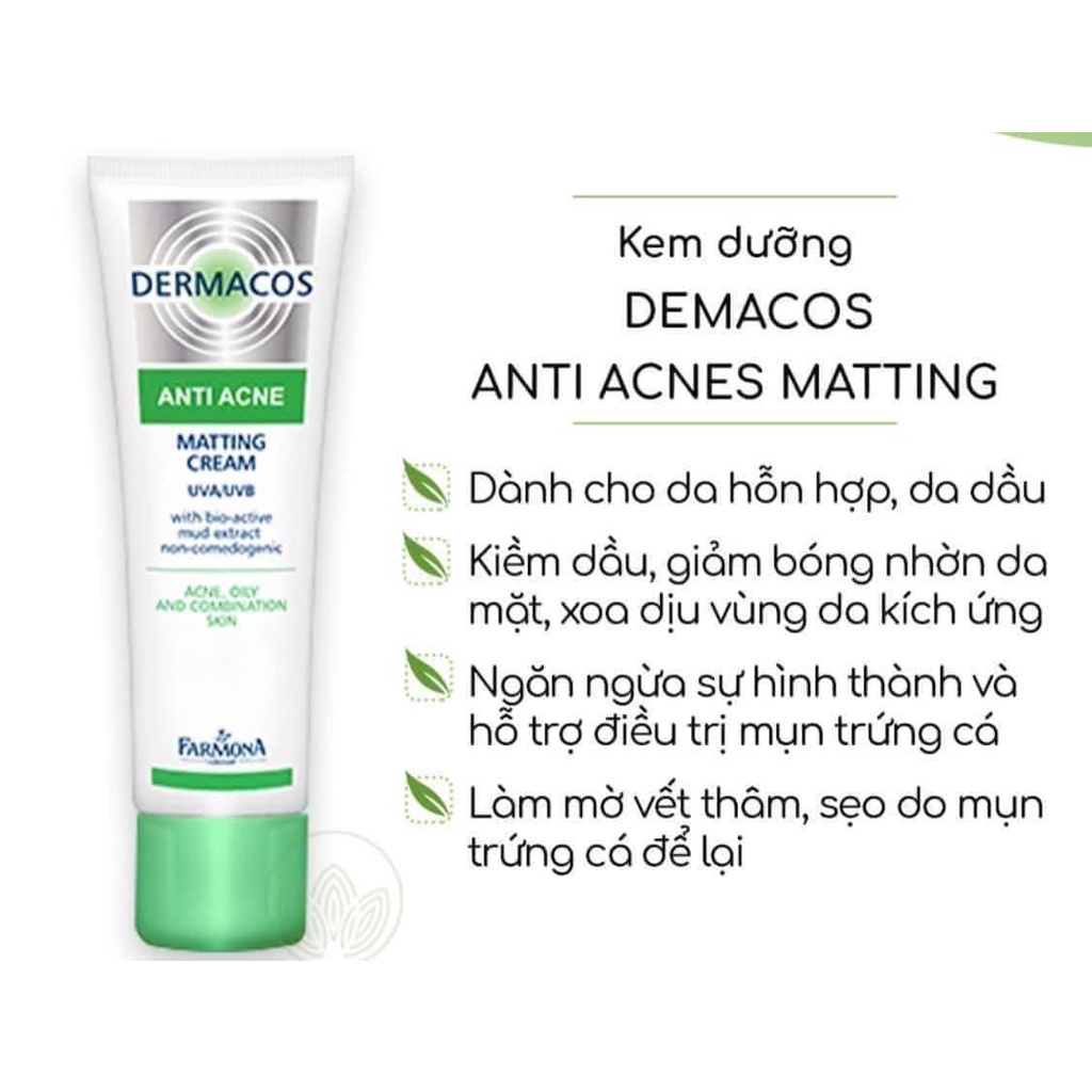 Kem Dưỡng Ẩm Dermacos Anti Acne Matting Cream 50ML Giảm Bóng Nhờn, Ngừa Mụn, Phù Hợp Da Dầu Mụn Nhạy Cảm