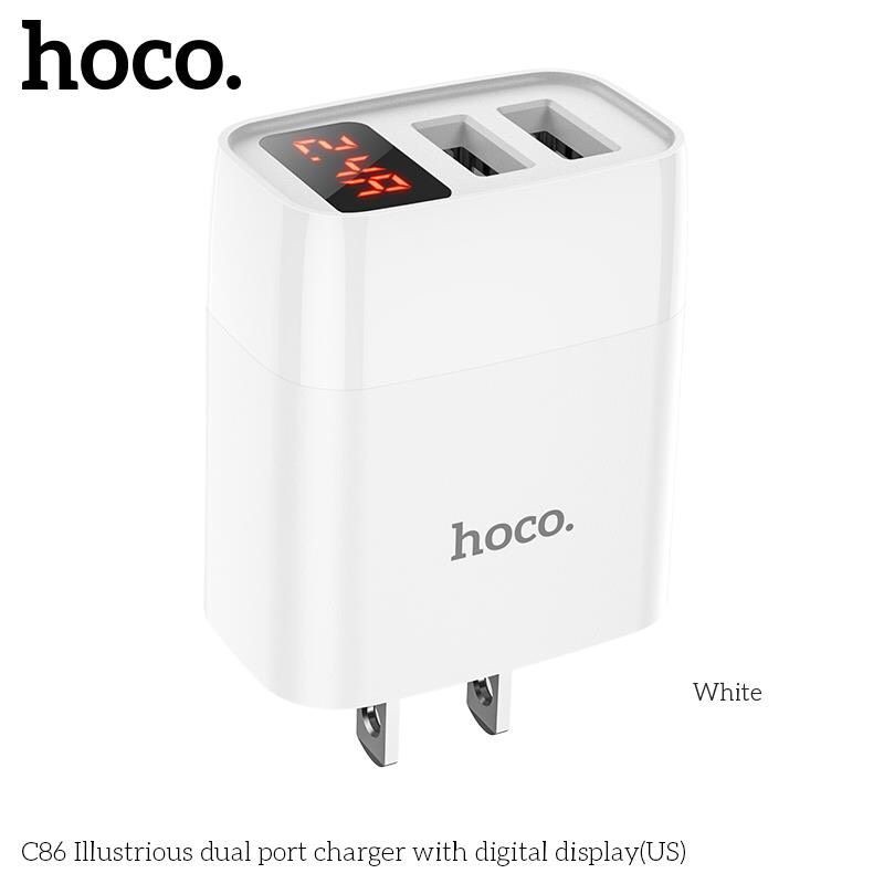 Củ sạc Hoco C86 dòng 2.4A gồm 2 cổng USB có màn LED, cóc sạc dùng cho iPhone / iPad / Android - Chính hãng