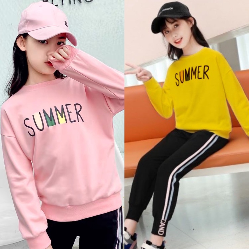 Bộ quần áo nỉ thu đông &quot;SUNMER&quot; 13-45kg cho bé gái 4-14 tuổi. Vải da cá, dày dặn, ấm áp. G34