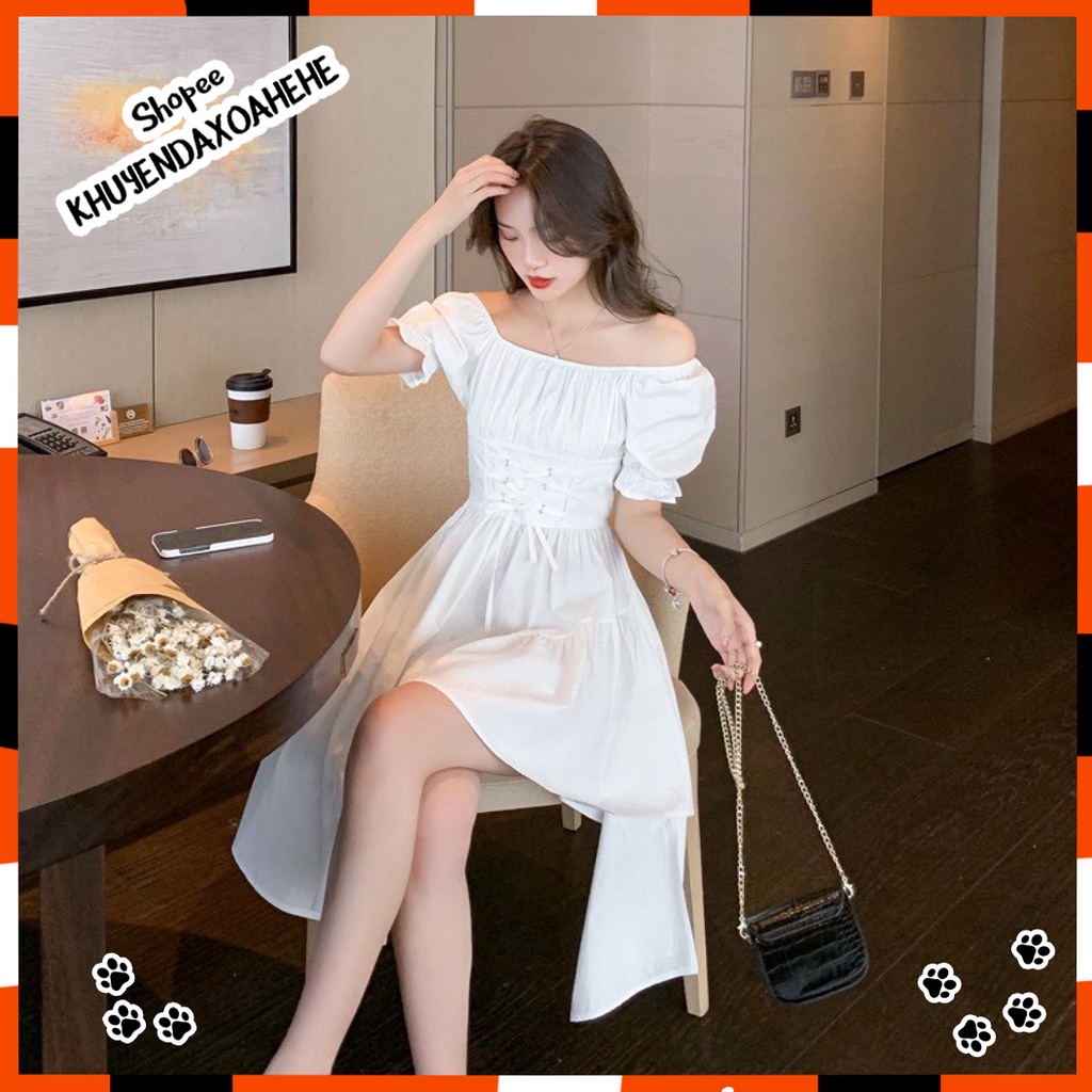 V019 Váy nữ xẻ thắt nơ eo tiểu thư đầm dài dáng xòe cổ vuông tay bồng đen trắng bánh bèo nữ tính cute