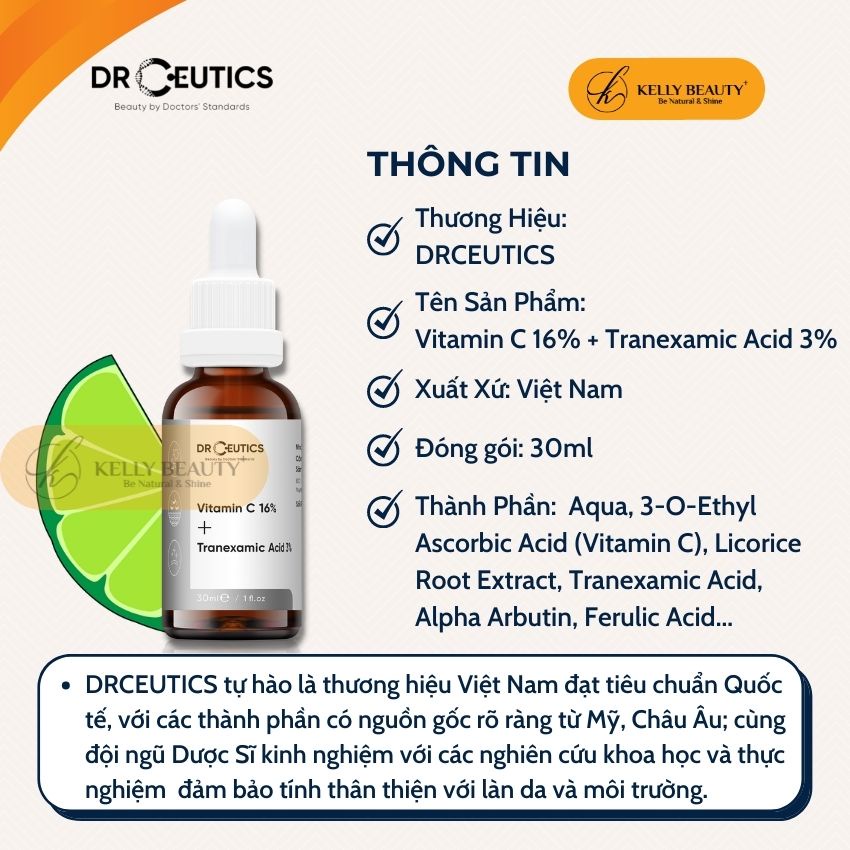 Serum Vitamin C DrCeutics 30ml - Ngừa Lão Hóa, Sáng Da, Mờ Thâm Nám - Vitamin C 16% + Tranexamic 3% | Kelly Beauty