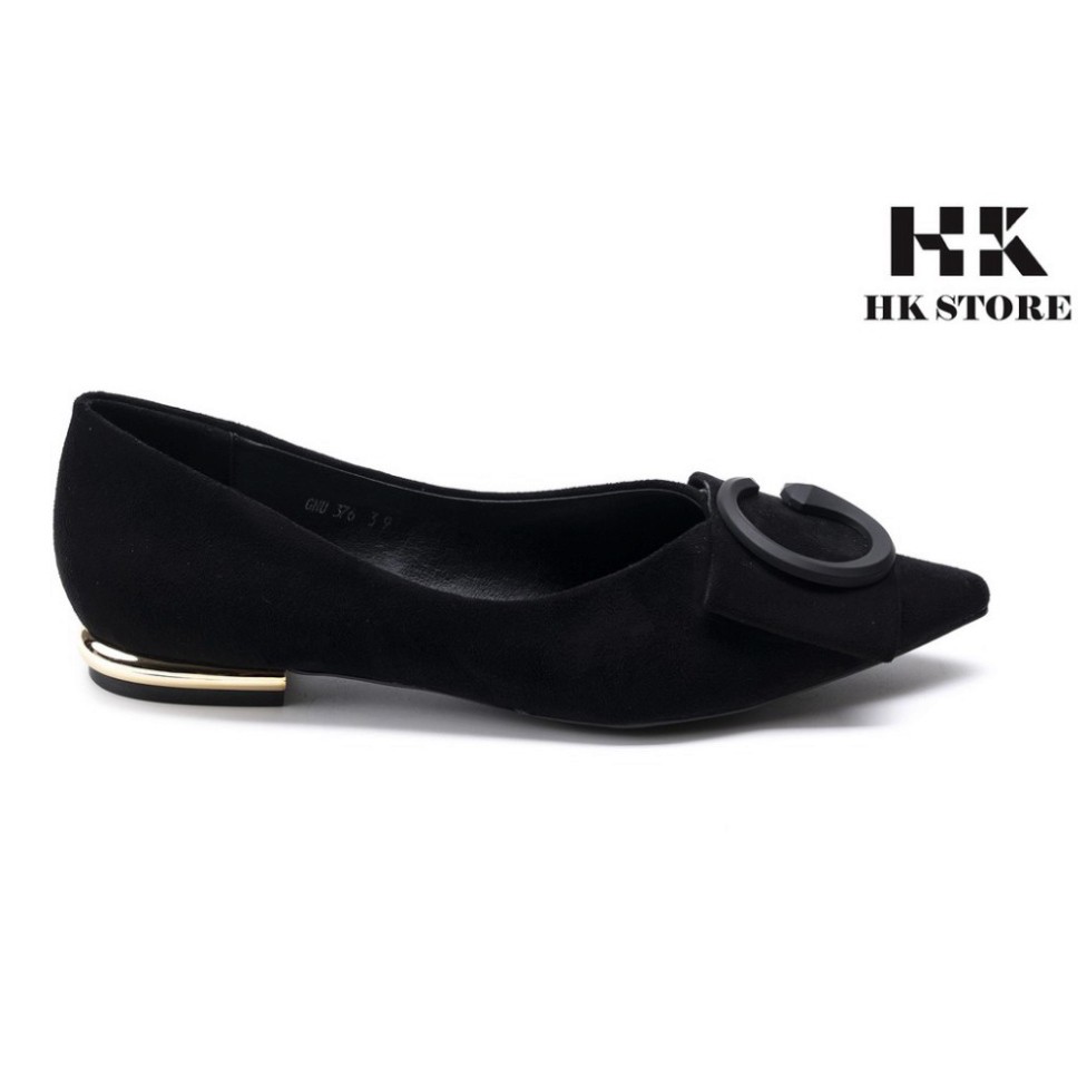 Giày bệt nữ mũi nhọn ❤️ HK.STORE ❤️ da lộn đủ màu gót trụ đính kim loại viền siêu xinh, hàng cao cấp 2021.
