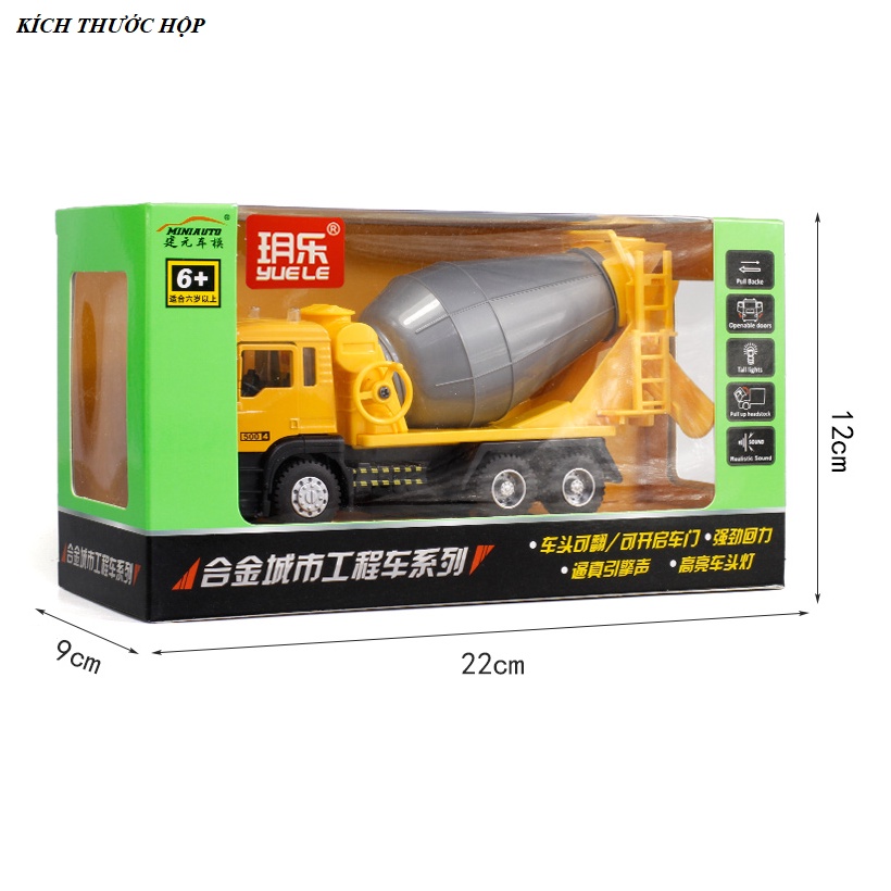 Xe trộn bê tông đồ chơi trẻ em có đèn và âm thanh động cơ tỉ lệ 1:50 cabin bằng sắt xe chạy cót