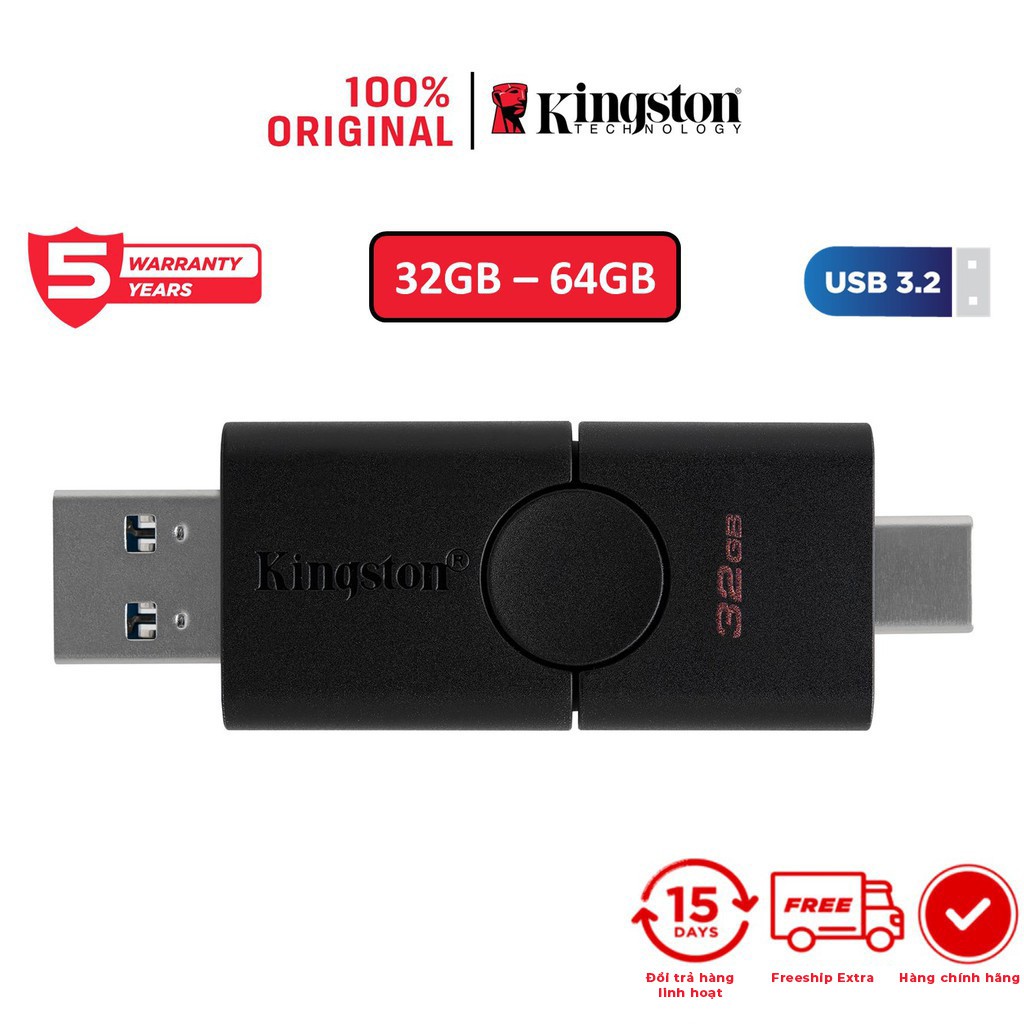 USB Kingston 3.2 Gen 1 32Gb DataTraveler Duo Cổng Type A và Type C DTDE/32GB - Hàng chính hãng