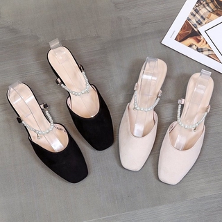 Giày búp bê đế thấp mũi vuông phối quai đính ngọc trai sang trọng cho nữ