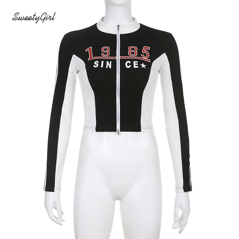 Áo Khoác Thể Thao Tay Dài Cổ Lọ In Chữ Phối Màu Tương Phản Có Khóa Kéo Thời Trang 2022 Cho Nữ