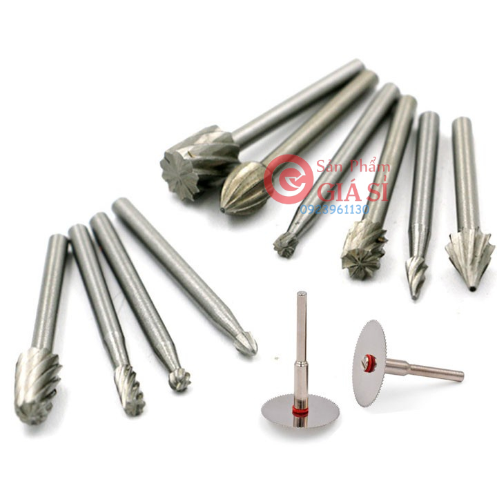 Mũi mài khắc phay khoét gỗ sử dụng thép HSS chân cốt 3mm dùng cho máy khoan mài khắc(10 mũi khắc + 2 dĩa cắt mini) ❤️fre