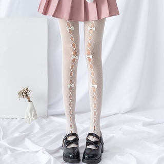 Hollow Hole Bow Knot Fishnet Stockings Wedding Beautiful Girl Japanese Lolita Socks Girl Lace Pantyhose Women White Fishnet