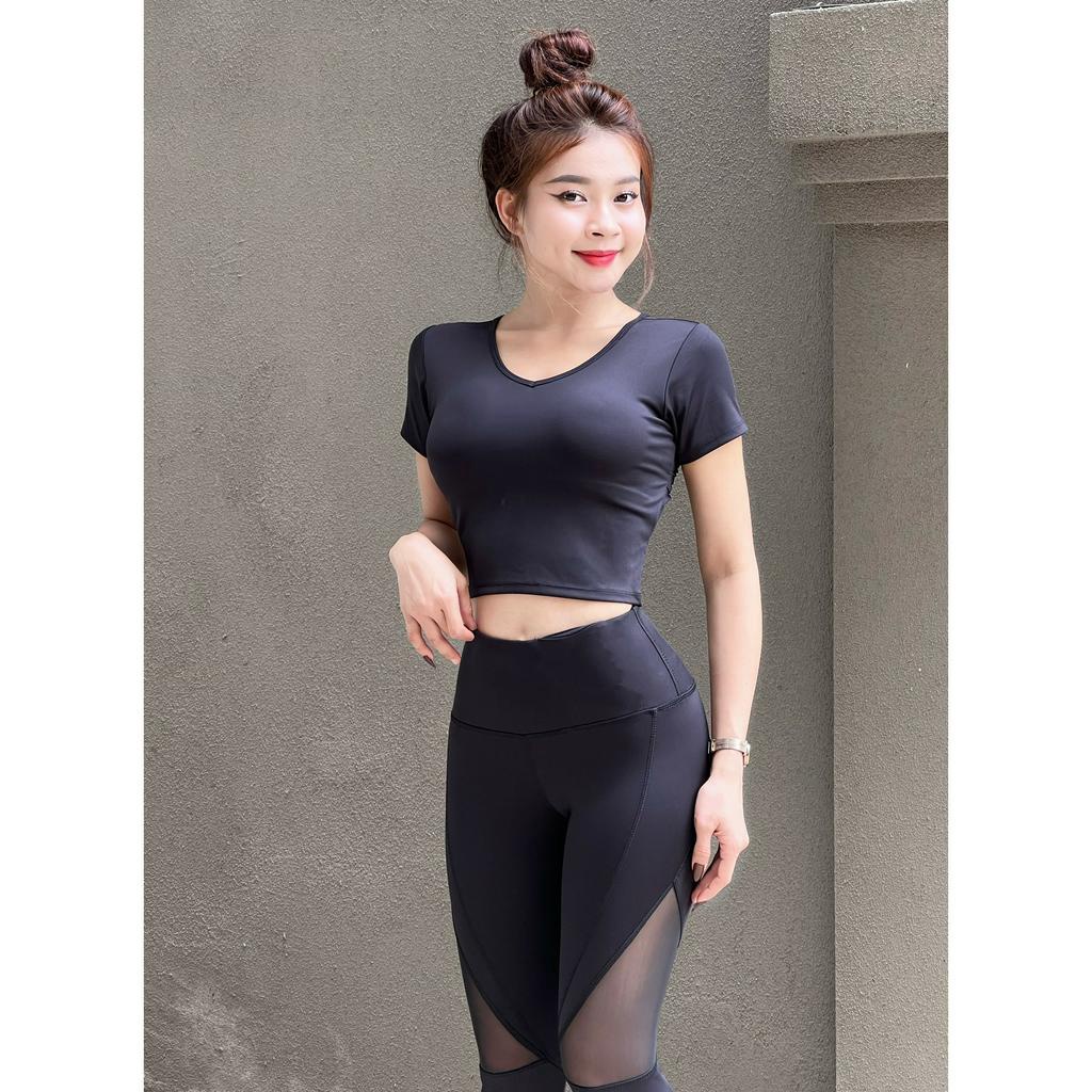Bộ Thể Thao Nữ Quần Dài Phối Lưới Kèm Áo Croptop Lưng Đắp Chéo Tập Gym Yoga