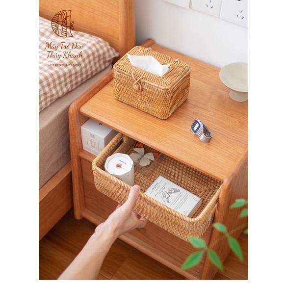 Giỏ mây đựng đồ có tay cầm, Khay mây guột đa năng decor sắp xếp nhà cửa trang trí Mây Tre Đan Thuỷ Khanh
