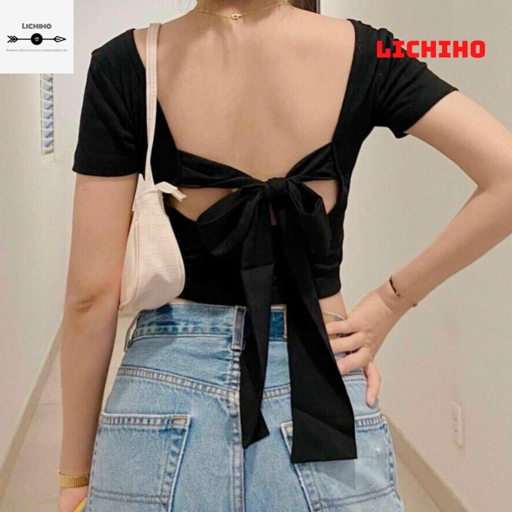 Áo croptop cổ vuông buộc nơ sau lưng CT10 LICHIHO áo thun nữ mềm mịn quyến rủ | BigBuy360 - bigbuy360.vn