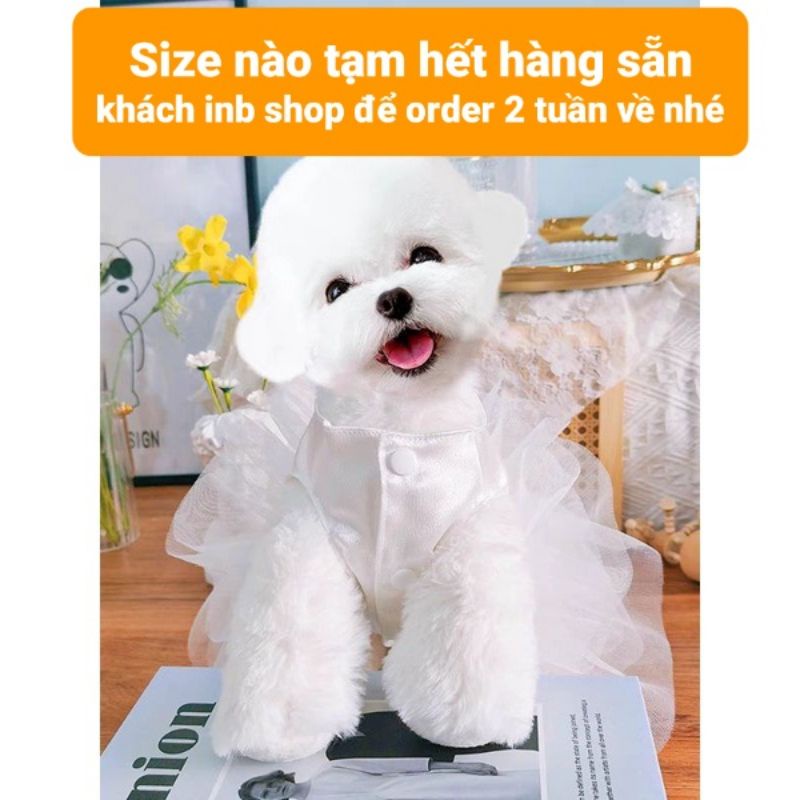 Đầm Váy Cưới Trắng Cho Chó Mèo Thú Cưng, Đầm Công Chúa Đính Nơ Phối Lưới Cao Cấp Hàng Thiết Kế