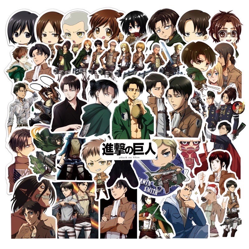 Set 50 miếng dán sticker chống thấm nước Attack On Titan dùng trang trí sổ tay, điện thoại, laptop, vali, ván trượt...