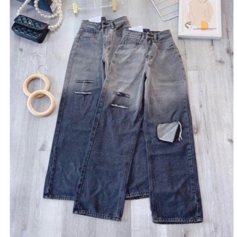 Quần Jeans Nữ Aiori Quần Suông Jeans Ống Rộng Rách Gối Loang Màu Xám, Chất Jeans Cotton Cực Xịn_Mã 3344