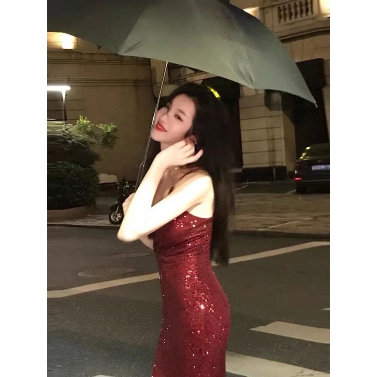 Đầm Dự Tiệc Hai Dây Xẻ Tà Màu Đỏ Quyến Rũ Phong Cách Hồng Kông Thời Trang Cho Nữ