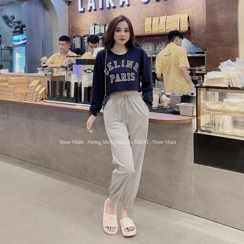 Áo croptop nữ tay dài form rộng vải nỉ kiểu hàn quốc basic màu đen trắng xám in hình chữ mặc đẹp