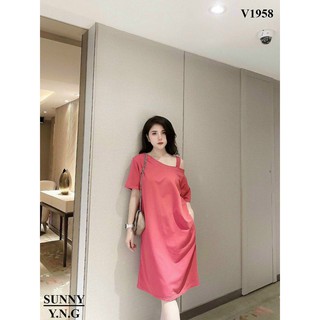 Váy bầu thời trang thiết kế dáng xuông lệch vai- chất mềm mịn- size 45-70kg