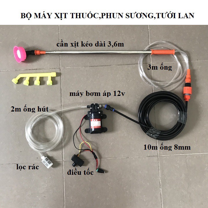 Bộ máy bơm mini phun thuốc tưới nước thuốc cho hoa lan và cây cảnh kèm đổi nguồn điện 12v5a