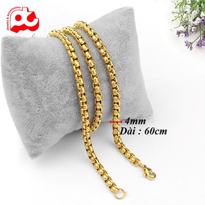 Dây chuyền nam titan cao cấp đẹp thép không gỉ bông dừa khít PT JEWELRY kích cỡ 4mm màu trắng mạ vàng cách điệu PTDCNA49