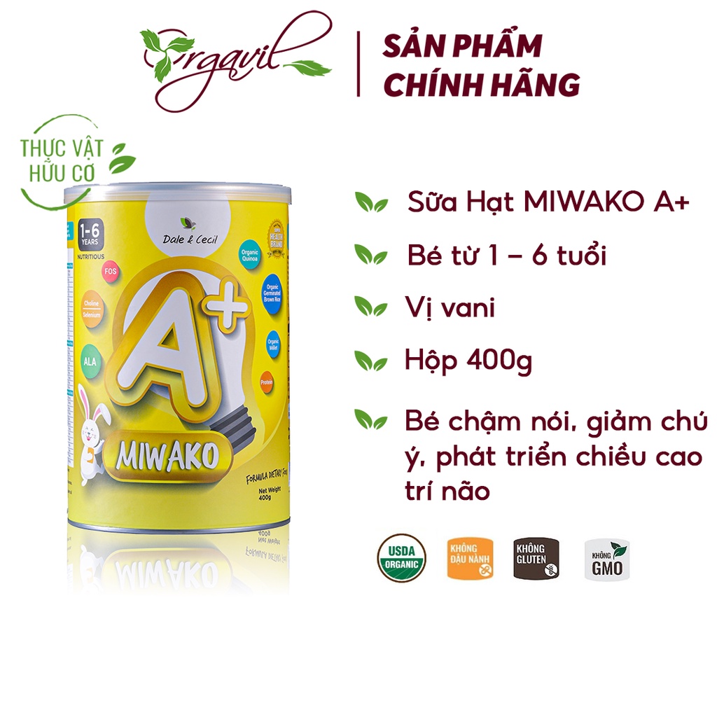 Sữa Công Thức Hạt Thực Vật Hữu Cơ Miwako A+ Vị Vani Hộp 400g Chính Hãng Malaysia - Orgavil