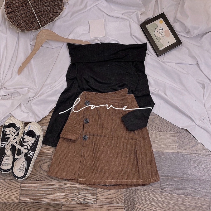 Set Áo Len Trễ Vai Mix Chân Váy Nhung Tăm