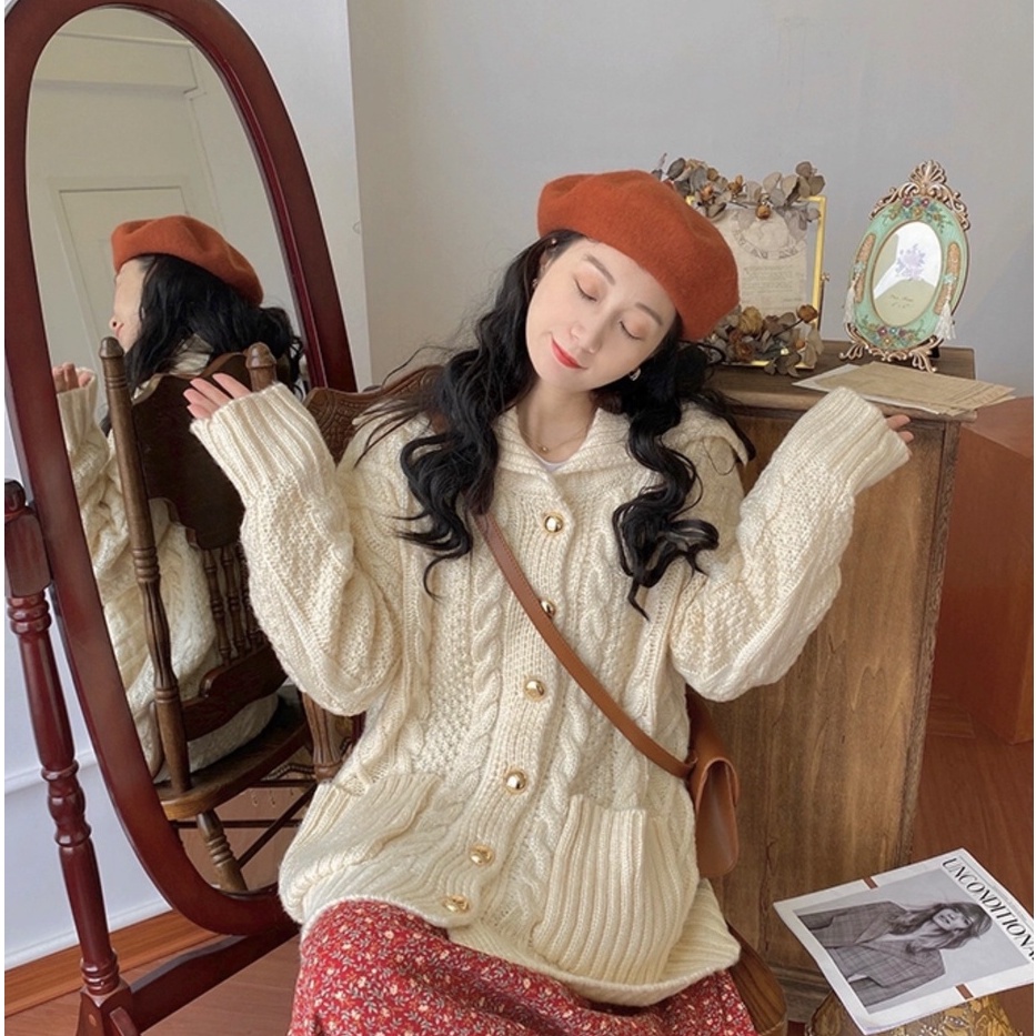 Áo khoác cardigan Forgirl len bện cổ bẻ phối túi