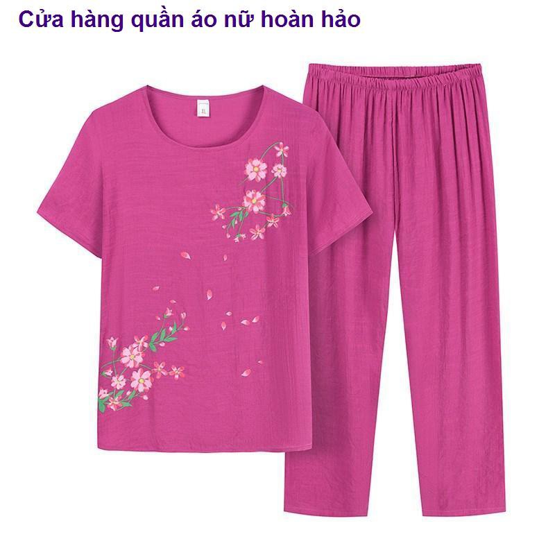 bộ đồ nữBộ đồ mùa hè bà hai mảnh Phụ nữ trung niên và cao tuổi 60 quần áo khoác ngắn tay phù hợp