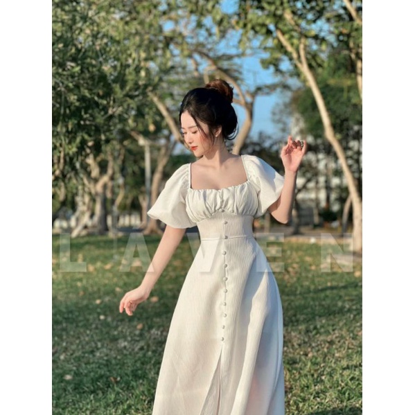 Đầm Midi Trắng Cổ Vuông Phối Nút Tay Bồng Sẵn Mút Cực Xịn Sò