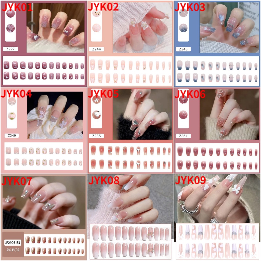 Set 24 móng tay giả đầu nhọn màu trắng in họa tiết độc đáo xinh xắn / Móng Tay Giả Keo Dán Hai Mặt