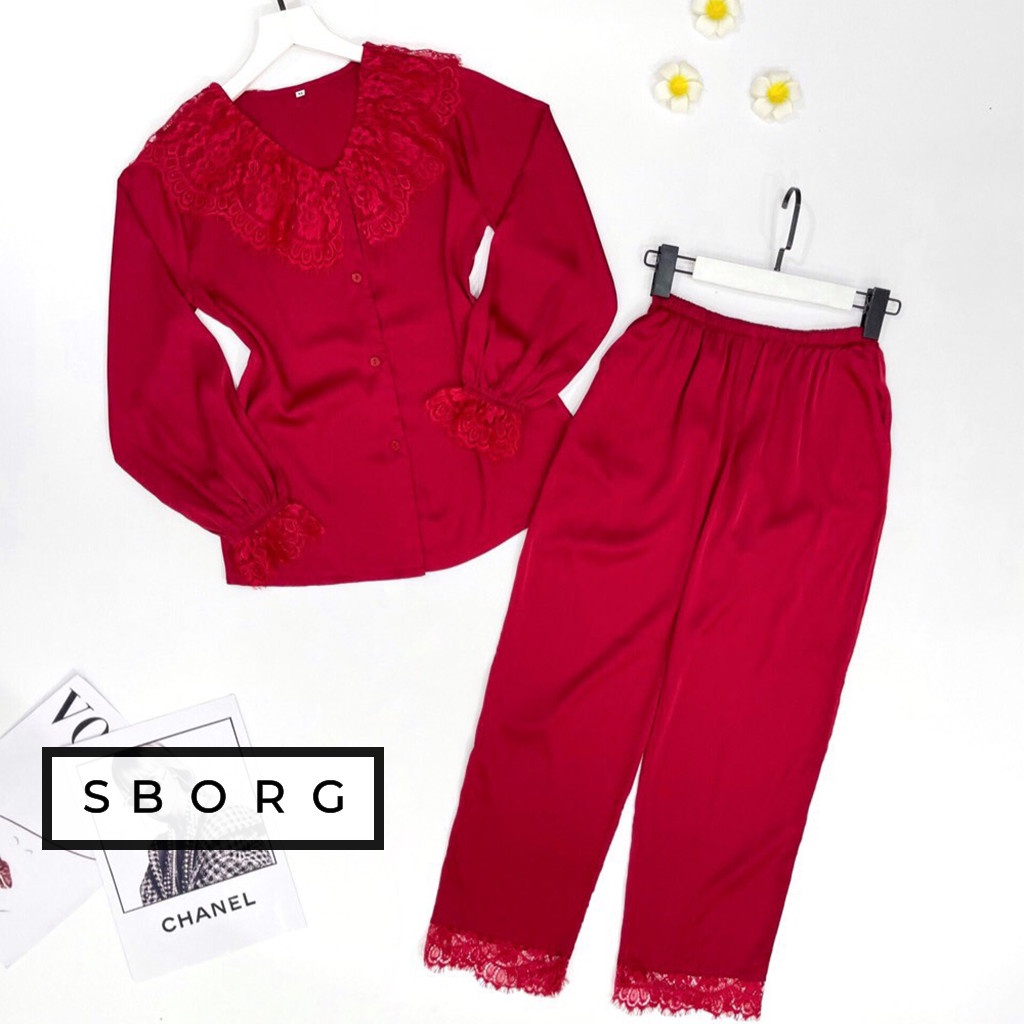 Đồ bộ tay dài SBORG pijama lụa latin cao cấp viền ren mi tiểu thư quần dài có túi freesize dưới 56kg quà tặng vợ