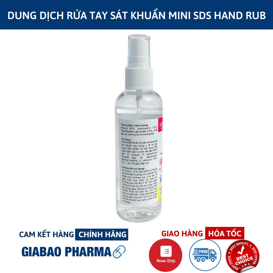 Chai xịt khuẩn, dung dịch rửa tay sát khuẩn mini SDS hand rub (Chai 100ml)