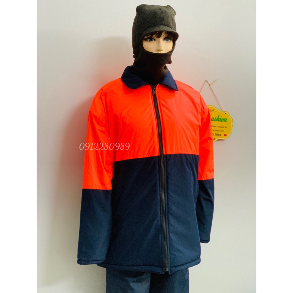 Quần áo bảo hộ trong kho đông lạnh -30 độ có lót lông ấm áp màu xanh đen phối cam neon _ Hình chụp thật