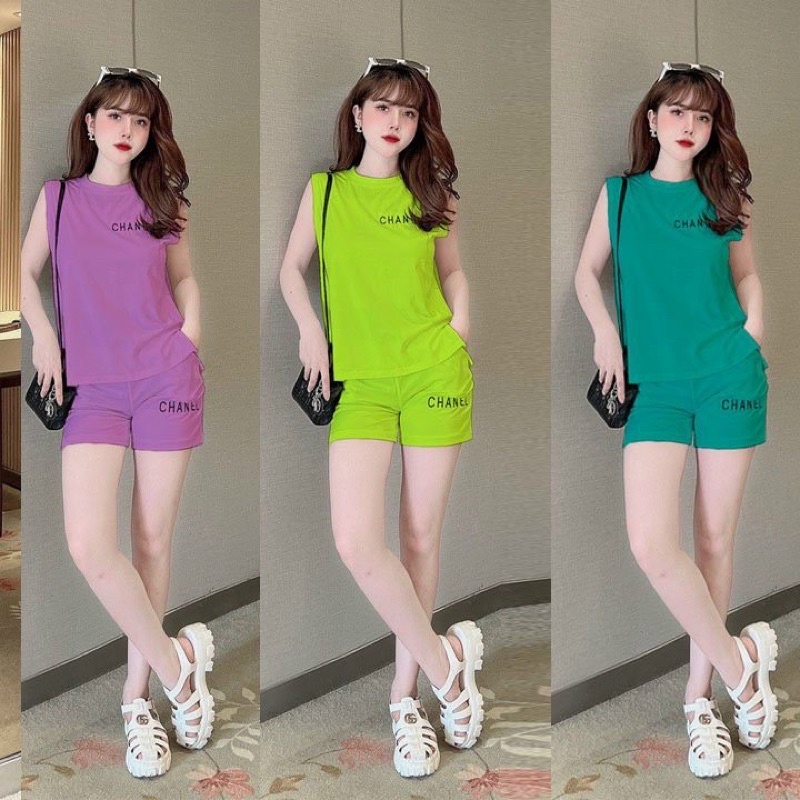 SÉT BỘ THUN COTTON SÁT NÁCH THÊU CHỮ CHANE.L KÈM ẢNH CHỤP THẬT 💯 %