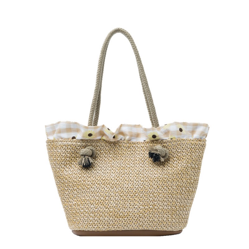 Túi Xách Nữ Túi Cói Đi Đeo Vai Trơn , Viền Hoa Phù Hợp Đi Biển Phong Cách Trẻ Trung