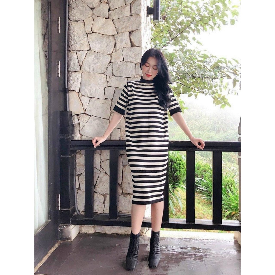 Đầm suông sọc ngang đen trắng, màu đen tay lở cổ tròn y hình chất thun gân đũa mềm co giãn tốt MIDORI247