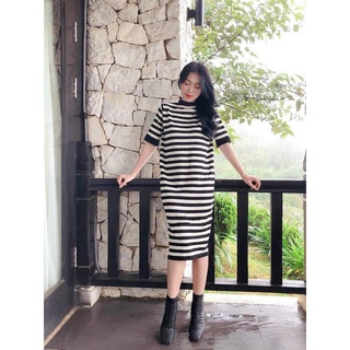 Đầm suông sọc ngang đen trắng, màu đen tay lở cổ tròn y hình chất thun gân đũa mềm co giãn tốt[MẪU MỚI] MIDORI247