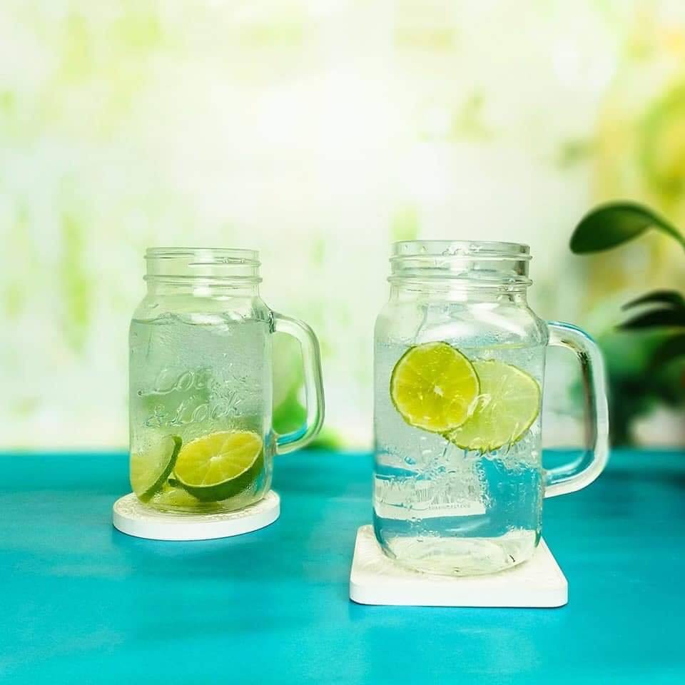 Ly Thuỷ Tinh Có Nắp Đậy, Bình Detox Có Tay Cầm Thủy Tinh Glass Jar 630ML Nắp nhựa