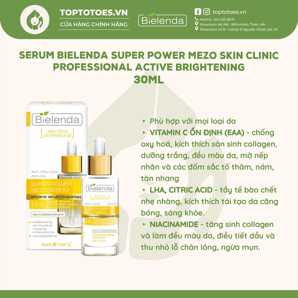 Serum Bielenda Super Power Mezo Skin Clinic Professional Active Brightening 30ml dưỡng trắng và trẻ hóa da