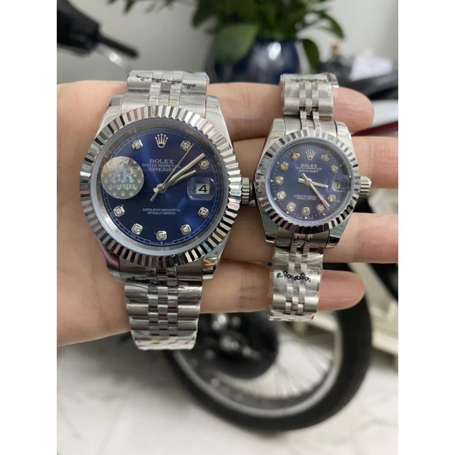 Đồng hồ đôi Nam Nữ Rolex số đá mặt xanh cơ Automatic Full Diamond size 41mmm nam- 28mm dây kim loại