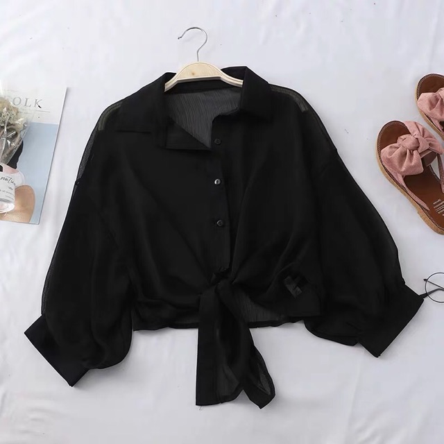 Sơ mi voan đũi mỏng croptop tay phồng thắt dây eo chất mát