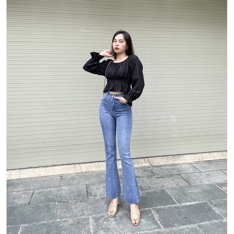 Quần Jean Nữ ống Loe YURI Lưng cao Kiểu trơn lai Cắt | BigBuy360 - bigbuy360.vn