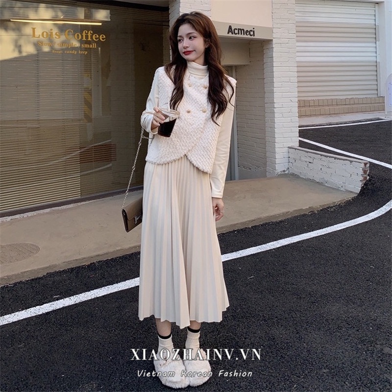 Xiaozhainv Set Áo Thun Sát Nách Cổ Lọ Phối Chân Váy maxi Thời Trang Hàn Quốc Cho Nữ