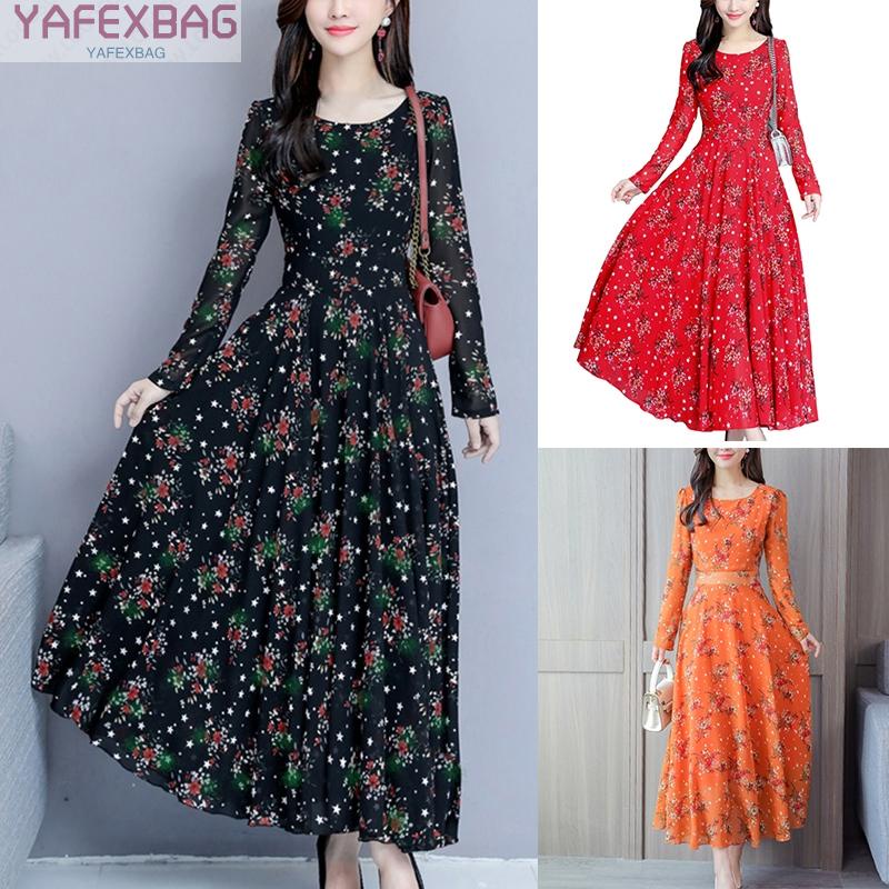 Korean version of the new  Summer Womens Casual Round Neck Long Sleeve Waist Floral Printing Long Dress